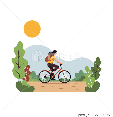 Woman riding a bicycle through nature in a flat design style vector illustration 122954575