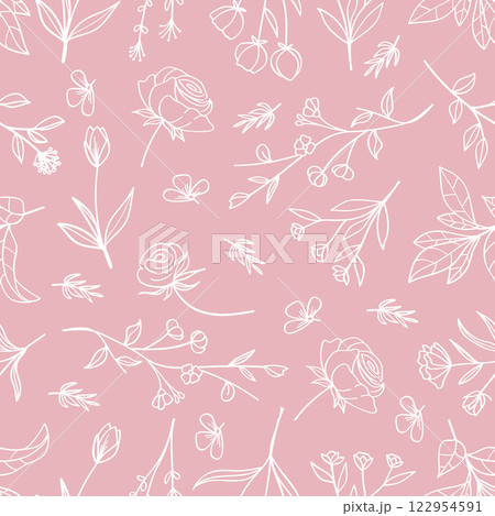 Botanical seamless pattern lin art on pink background.Vector illustration. 122954591