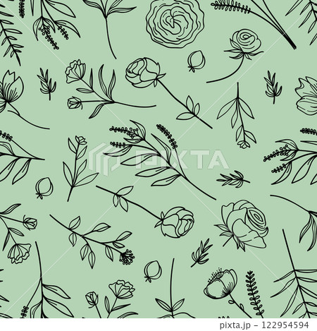 Seamless floral pattern with herbs, wildflowers, and twigs. Vector illustration on green background. Seamless floral pattern with herbs, wildflowers, and twigs. Vector illustration on green background. 122954594