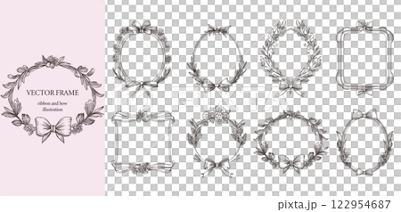 Elegant and girly frame design with flowers and ribbons, line drawing, black 122954687