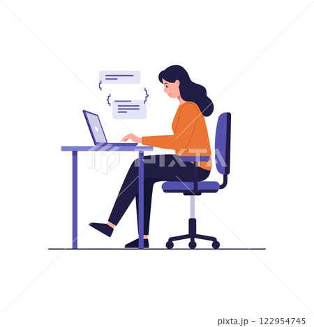 Woman working on laptop at desk in flat design style with chat bubbles, vector illustration Woman working on laptop at desk in flat design style with chat bubbles, vector illustration 122954745