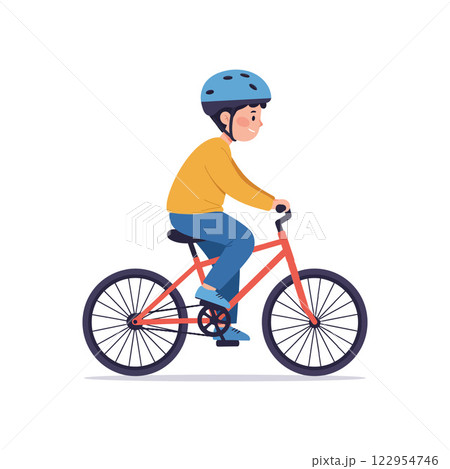 Boy riding a bicycle in flat design style featuring vibrant colors and playful elements, vector illustration 122954746