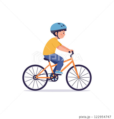 Boy riding a bicycle in flat design style showcasing motion and joy in vector art 122954747