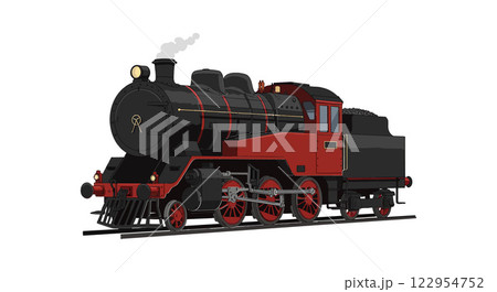 Classic steam locomotive design in flat style showcasing intricate details and bold colors in vector art Classic steam locomotive design in flat style showcasing intricate details and bold colors in vector art 122954752