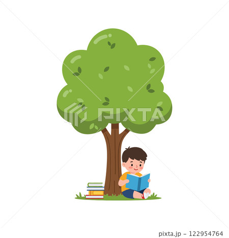 Boy reading under a large green tree in a flat, colorful style vector illustration 122954764