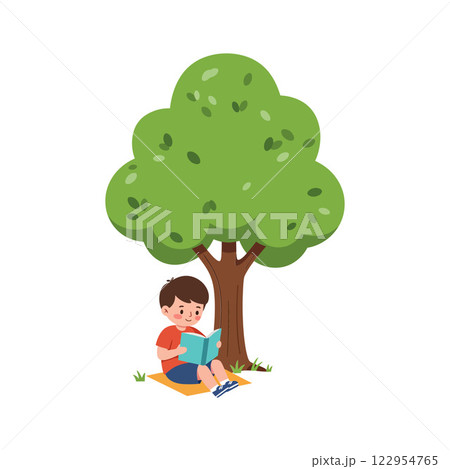 Young boy reading a book under a large green tree in flat vector art style 122954765