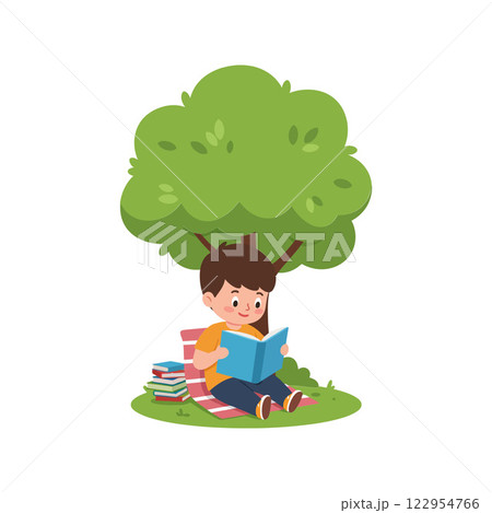 Young boy reading a book under a green tree in a flat vector illustration 122954766