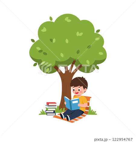 Child reading a book under a tree in a flat and colorful style vector illustration 122954767