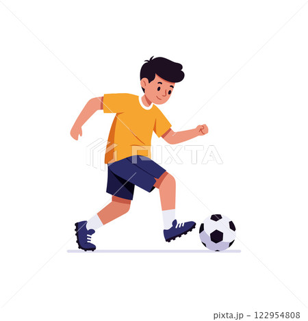 Young boy dribbling soccer ball in dynamic pose, flat style vector art Young boy dribbling soccer ball in dynamic pose, flat style vector art 122954808