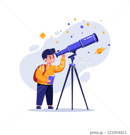 Child observing stars through telescope in a colorful, flat design vector art Child observing stars through telescope in a colorful, flat design vector art 122954821
