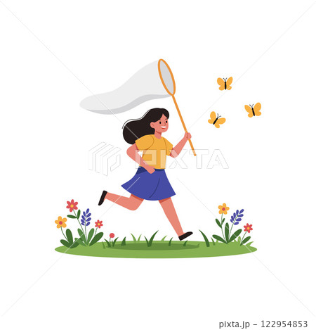 Girl joyfully running with a butterfly net in a vibrant flat vector illustration 122954853