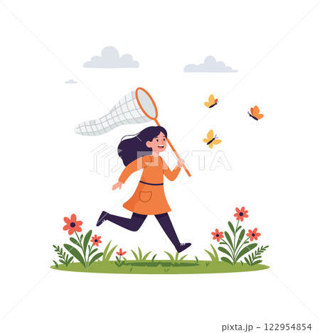 Young girl happily running with a butterfly net in colorful flat vector art 122954854