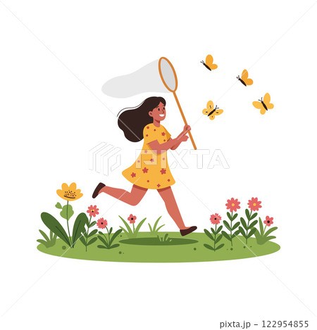 Girl joyfully running with butterfly net in flat colorful style vector art 122954855