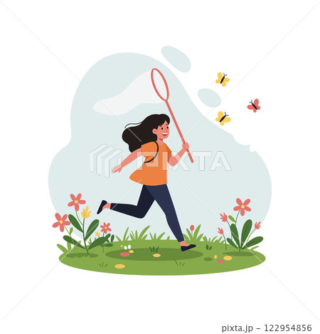 Girl running joyfully with a butterfly net in a flat and colorful vector art style 122954856