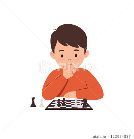 Young boy contemplating chess moves in minimal style vector illustration with thoughtful expression and game pieces 122954857