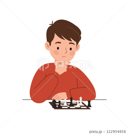 Thoughtful boy contemplating chess moves in flat design style vector illustration 122954858