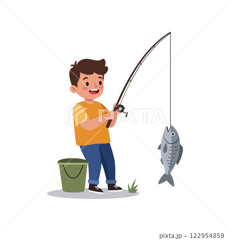 Happy child fishing with a rod in a flat design style showcasing playful moments in vector art 122954859