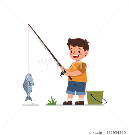 Young boy joyfully fishing with a rod and catching a fish in flat vector art 122954860