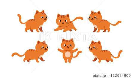 Playful orange cats in various poses with flat design style showcasing movement and expression in vector art Playful orange cats in various poses with flat design style showcasing movement and expression in vector art 122954909