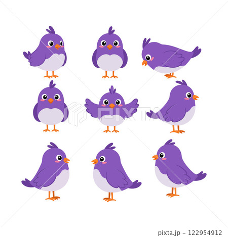 Colorful cartoon birds in various poses featuring flat design style in vibrant purple and white vector art Colorful cartoon birds in various poses featuring flat design style in vibrant purple and white vector art 122954912