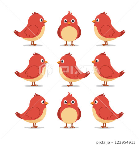 Colorful red birds in various poses showcasing flat design style vector art 122954913