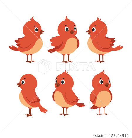 Red birds displaying different poses in flat design style vector art 122954914