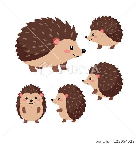 Cute hedgehogs in various poses with flat design style for playful vector art 122954928