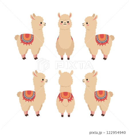 Cute llamas in various poses showcasing detailed flat design style vector illustration Cute llamas in various poses showcasing detailed flat design style vector illustration 122954940