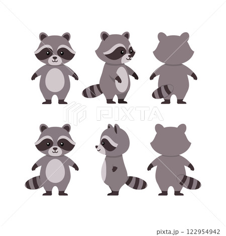 Cute raccoon character design in flat style showcasing different poses and expressions in vector art Cute raccoon character design in flat style showcasing different poses and expressions in vector art 122954942