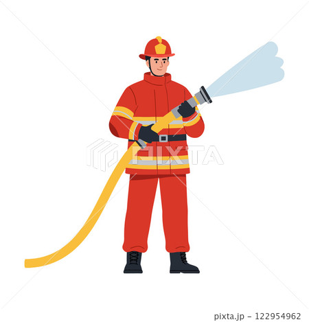 Firefighter using hose in action with bright colors and flat design style vector illustration 122954962