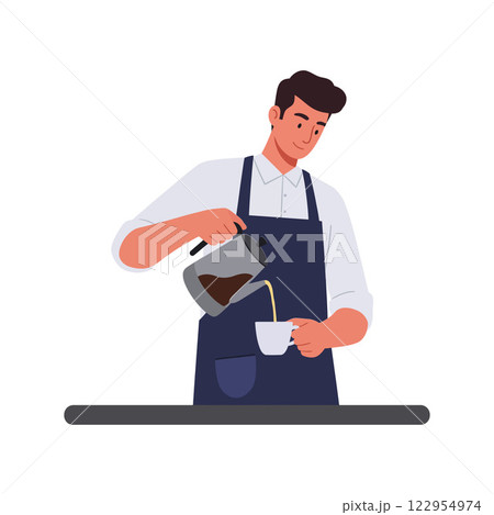 Barista pouring coffee into cup in flat, minimal style vector art Barista pouring coffee into cup in flat, minimal style vector art 122954974