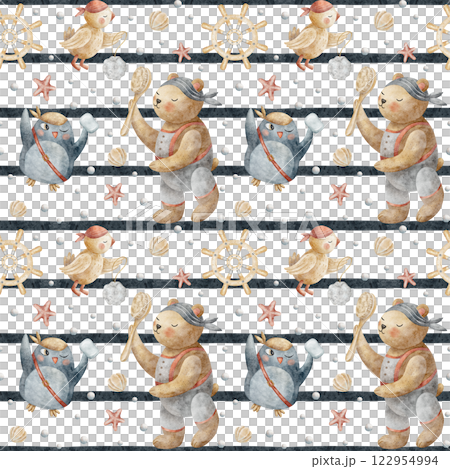 Watercolor pattern soap pirates, bear, penguin, parrot, puppy, bubbles. Children's illustration hand drawn in cartoon style. Isolated on white background fabric, textile, clothes, wallpaper, paper Watercolor pattern soap pirates, bear, penguin, parrot, puppy, bubbles. Children's illustration hand drawn in cartoon style. Isolated on white background fabric, textile, clothes, wallpaper, paper 122954994