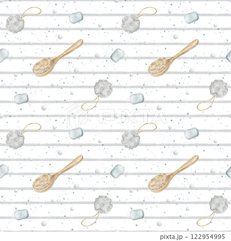 Watercolor geometric pattern of gray stripes, lines in nautical style shower brush, bath soap, loofah. Hand drawn illustration. Seamless print for textile, fabric, packaging, clothes, wallpaper, print Watercolor geometric pattern of gray stripes, lines in nautical style shower brush, bath soap, loofah. Hand drawn illustration. Seamless print for textile, fabric, packaging, clothes, wallpaper, print 122954995