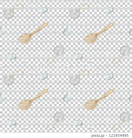 Watercolor geometric pattern of gray stripes, lines in nautical style shower brush, bath soap, loofah. Hand drawn illustration. Seamless print for textile, fabric, packaging, clothes, wallpaper, print Watercolor geometric pattern of gray stripes, lines in nautical style shower brush, bath soap, loofah. Hand drawn illustration. Seamless print for textile, fabric, packaging, clothes, wallpaper, print 122954995