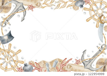 Watercolor frame anchor, ship steering wheel, map, chest, sea corals, seaweed, shells starfish. Hand drawn illustration. Template text box for card design, pirate party decoration posters, invitations 122954999