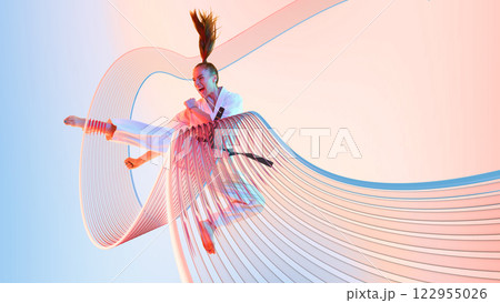Modern collage. Martial artist executing high kick with intense expression as motion lines curve around body against vibrant background. 122955026