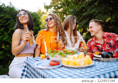 Happy friends in picnic in park. Friends grill meat, have fun, relax. ?oncept of holidays, weekends. 122955194