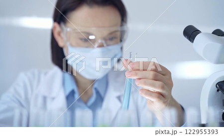 Scientist female researcher with protective glasses and mask exa Scientist female researcher with protective glasses and mask exa 122955393