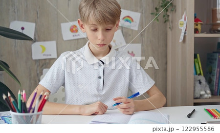Young boy studying at the desk at home or school class room Young boy studying at the desk at home or school class room 122955586
