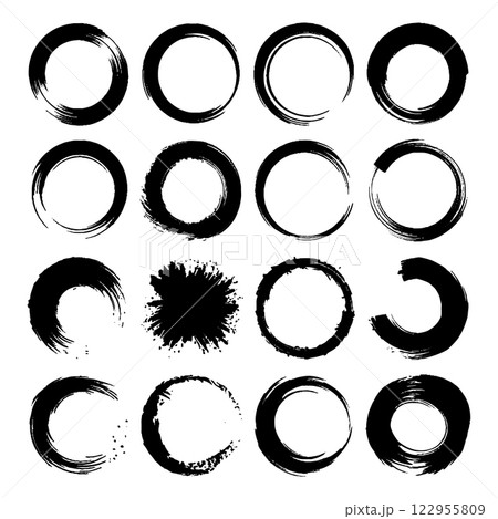 Set of hand-painted ink circles with rough edges. Ideal for digital design, logos, and artistic compositions. Set of hand-painted ink circles with rough edges. Ideal for digital design, logos, and artistic compositions. 122955809