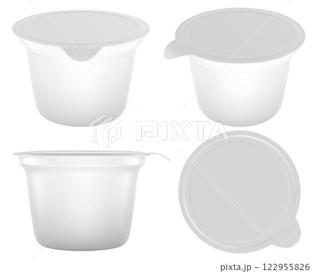 Blank White Packaging Container for Yogurt, Ice Cream or Dessert, template mockup. Different views and angles. 3D rendering Blank White Packaging Container for Yogurt, Ice Cream or Dessert, template mockup. Different views and angles. 3D rendering 122955826
