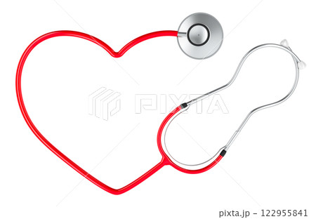 Red stethoscope with heart shape from cord of phonendoscope, 3D rendering Red stethoscope with heart shape from cord of phonendoscope, 3D rendering 122955841