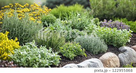 A collection of perennial herbs such as rosemary, oregano, and thyme, freshly harvested and arranged neatly, showcasing their vibrant green hues and aromatic qualities. 122955868