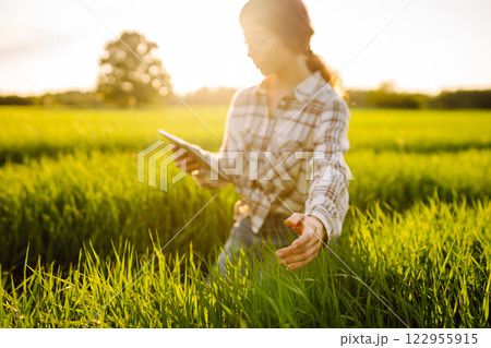 Young farmer woman with digital tablet evaluates shoots, green wheat sprouts in field. Farm work. Young farmer woman with digital tablet evaluates shoots, green wheat sprouts in field. Farm work. 122955915