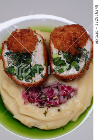 Delicious cutlets with airy mashed potatoes served 122956248