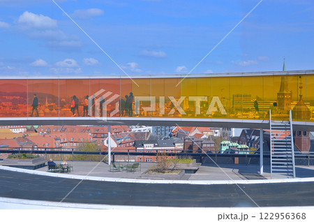 People walking on the rainbow panorama of ARoS art museum at Aarhus on Denmark 122956368
