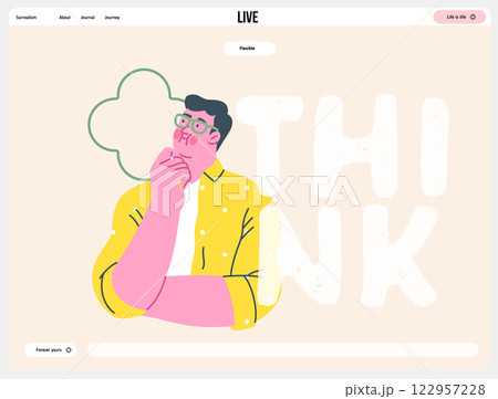 Thinking people, modern flat vector concept illustration- man standing thoughtfully, looking upwards, bubble near his head Metaphor for reflection, analysis, introspection, contemplation, deep thought 122957228