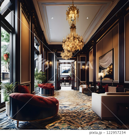 Luxurious Hotel Lobby with Elegant Chandeliers Luxurious Hotel Lobby with Elegant Chandeliers 122957234