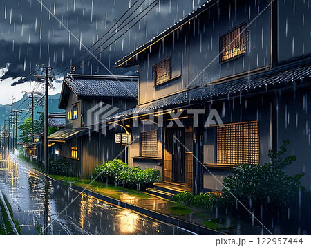 雨降る日本の茶屋街 122957444