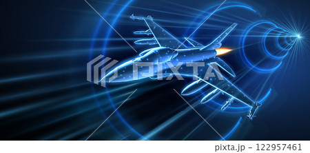 Fast fighter jet. Military aircraft, Aerospace innovation, AI in Air defense Fast fighter jet. Military aircraft, Aerospace innovation, AI in Air defense 122957461